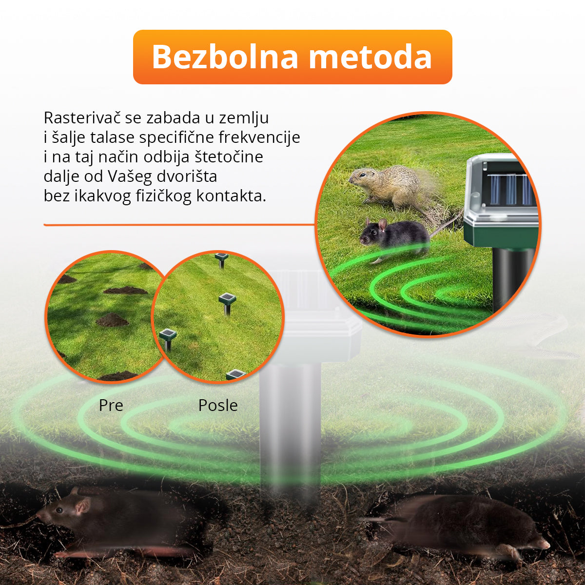 MoleRepel - Solarni ultrazvučni rasterivač krtica i ostalih štetočina (2 komada)